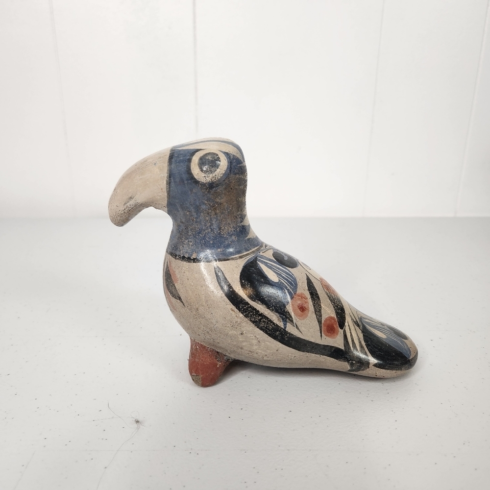 Vintage Mexican Tonala Bird Hand Painted Ceramic Pottery Ornament Birds Boho